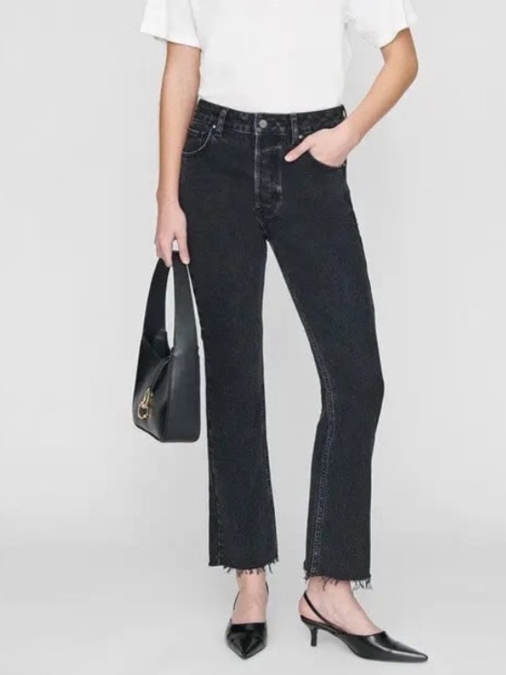 ANINE BING Lara High Rise Ankle Flare Jeans Black Tie Fray Hem Sz 30